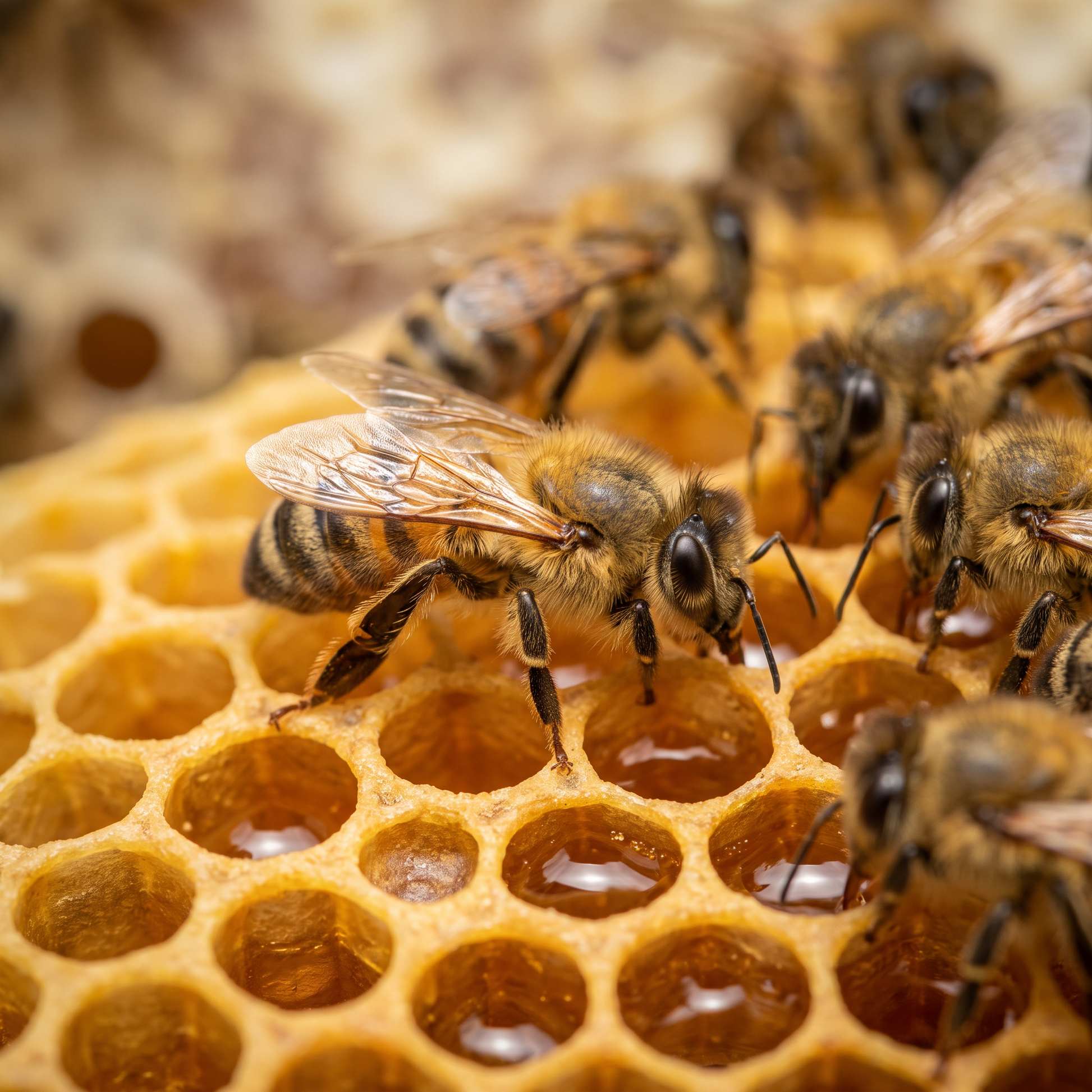 Abejas trabajando sobre el panal de miel