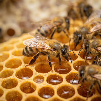 Abejas trabajando sobre el panal de miel